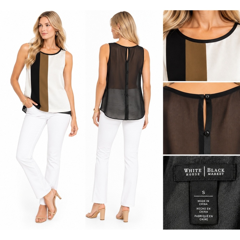White House Black Market Top S Colorblock Sheer Back Sleeveless Blouse Modern